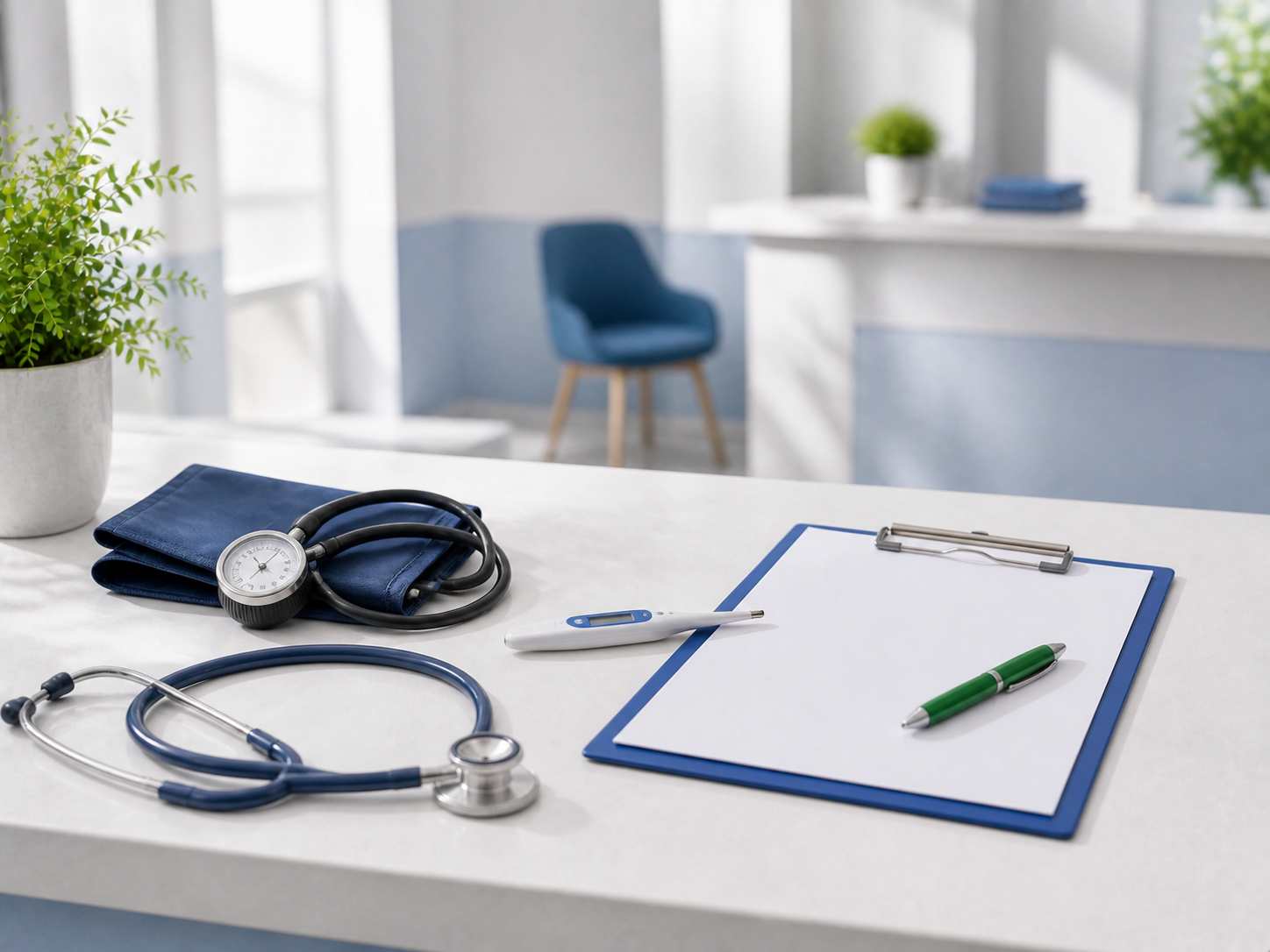 Тонометр, термометр, стетоскоп и планшет для первичного осмотра
